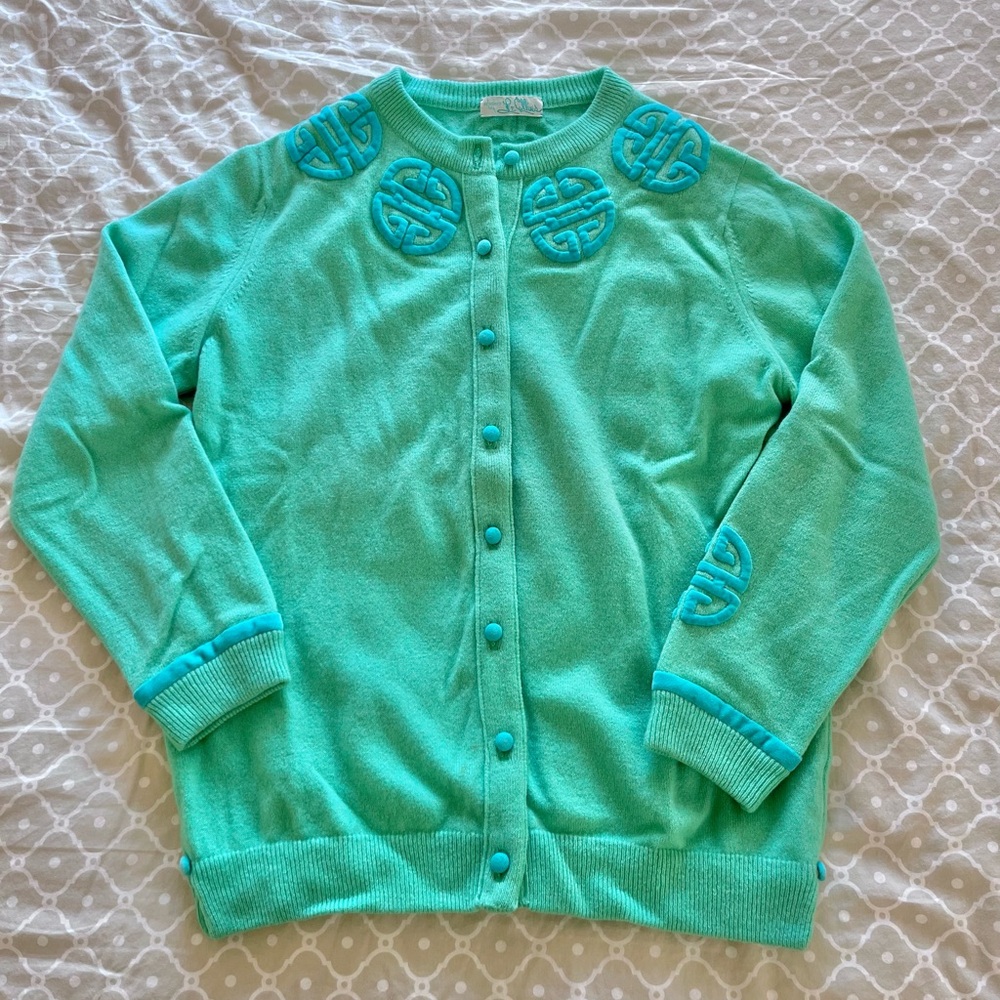 VTG 50s 🐲 Small Dalton cashmere cardigan - mint w/ Chinese velvet appliqués